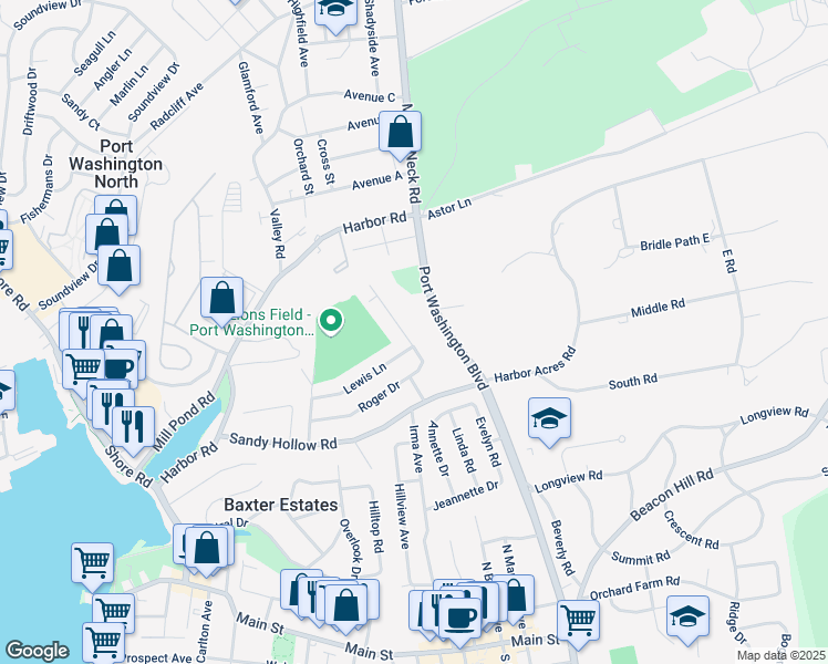 map of restaurants, bars, coffee shops, grocery stores, and more near 66 Roger Drive in Port Washington