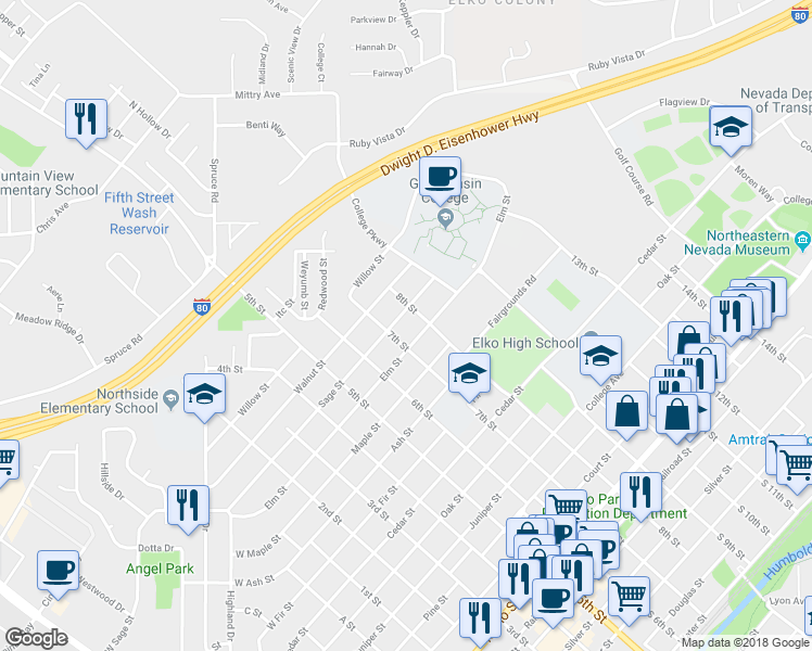 map of restaurants, bars, coffee shops, grocery stores, and more near 821 Sage Street in Elko