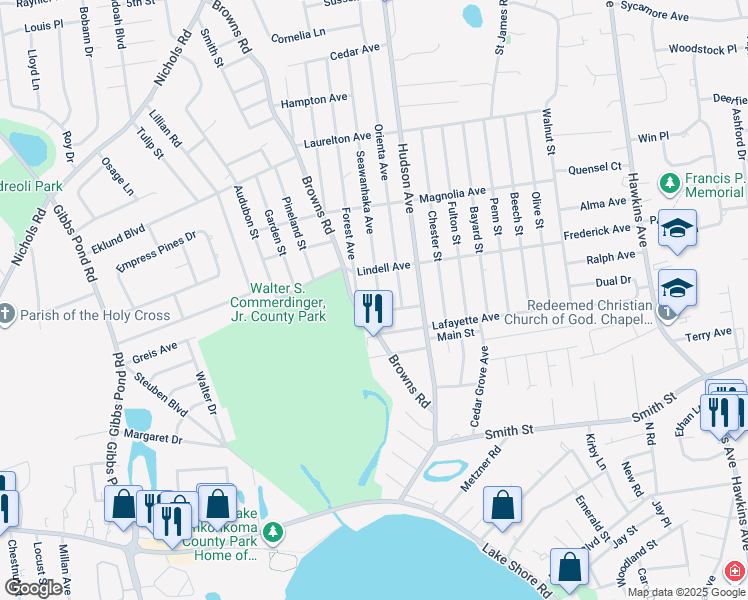 map of restaurants, bars, coffee shops, grocery stores, and more near 14 Seawanhaka Avenue in Nesconset