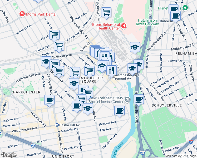 map of restaurants, bars, coffee shops, grocery stores, and more near 2550 Frisby Avenue in Bronx