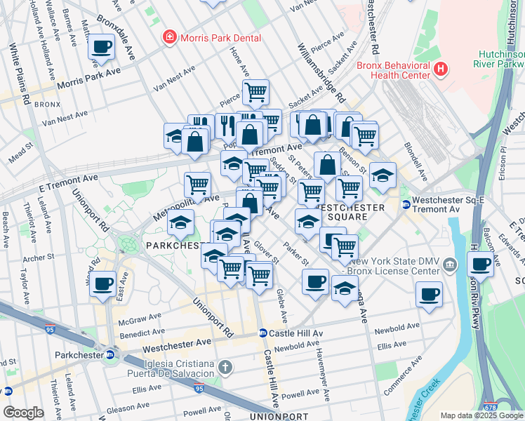 map of restaurants, bars, coffee shops, grocery stores, and more near 2418 Buck Street in Bronx