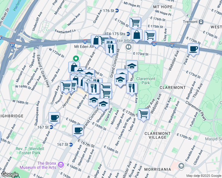 map of restaurants, bars, coffee shops, grocery stores, and more near 1466 Grand Concourse in The Bronx