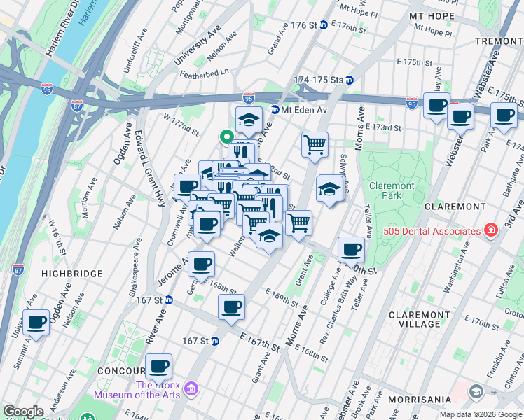 map of restaurants, bars, coffee shops, grocery stores, and more near in The Bronx