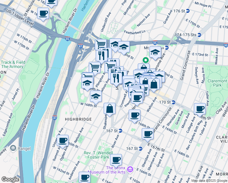 map of restaurants, bars, coffee shops, grocery stores, and more near 1348 Edward L Grant Highway in Bronx