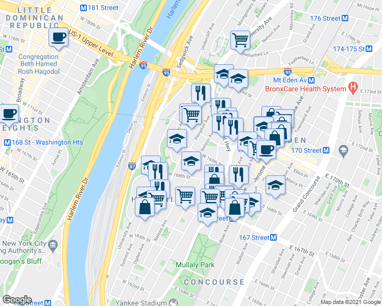 map of restaurants, bars, coffee shops, grocery stores, and more near in The Bronx