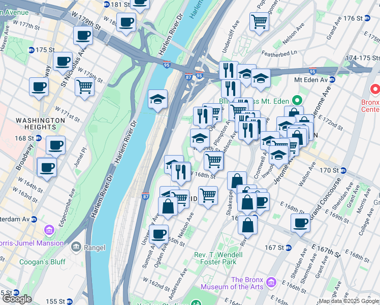 map of restaurants, bars, coffee shops, grocery stores, and more near 1304 Merriam Avenue in Bronx
