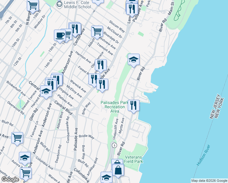 map of restaurants, bars, coffee shops, grocery stores, and more near 6 Horizon Road in Fort Lee
