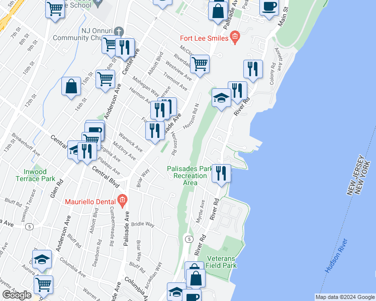 map of restaurants, bars, coffee shops, grocery stores, and more near 6 Horizon Road in Fort Lee