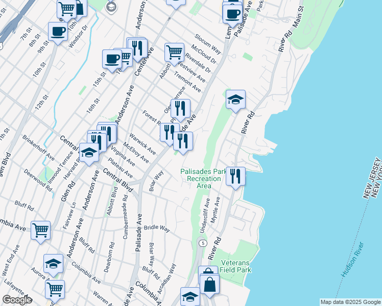 map of restaurants, bars, coffee shops, grocery stores, and more near 16 Horizon Road in Fort Lee