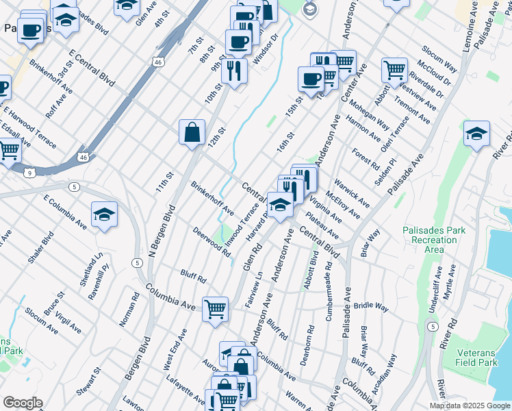 map of restaurants, bars, coffee shops, grocery stores, and more near 456 Central Boulevard in Fort Lee