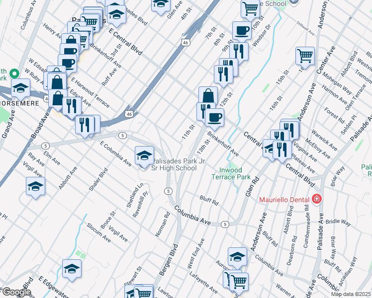 map of restaurants, bars, coffee shops, grocery stores, and more near 207A 11th Street in Palisades Park