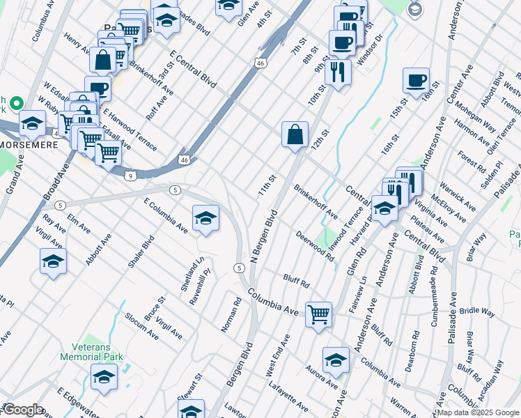 map of restaurants, bars, coffee shops, grocery stores, and more near 207A 11th Street in Palisades Park