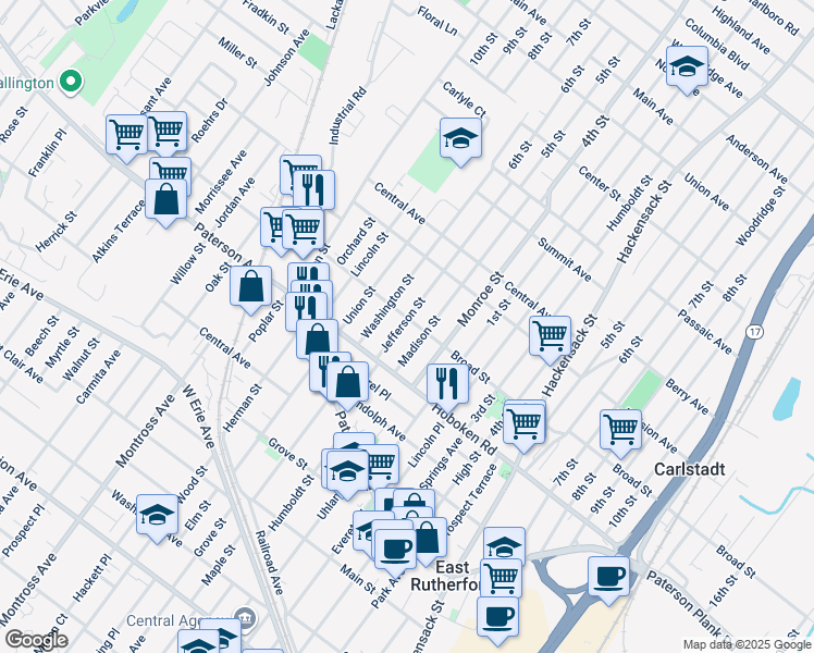 map of restaurants, bars, coffee shops, grocery stores, and more near 557 Broad Street in Carlstadt