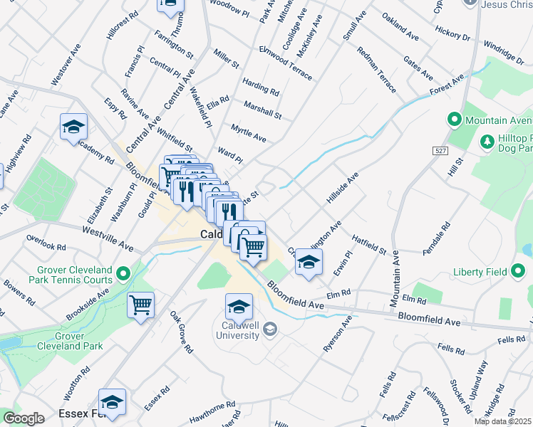 map of restaurants, bars, coffee shops, grocery stores, and more near 22 Orchard Square in Caldwell
