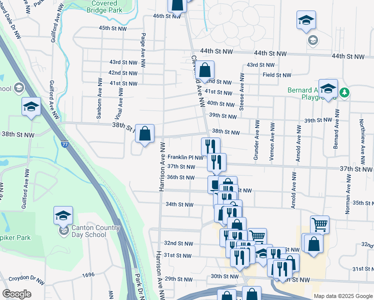 map of restaurants, bars, coffee shops, grocery stores, and more near 2018 38th Street Northwest in Canton