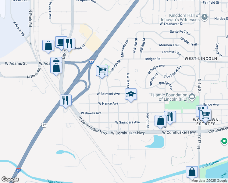 map of restaurants, bars, coffee shops, grocery stores, and more near 734 Glacier Trail in Lincoln