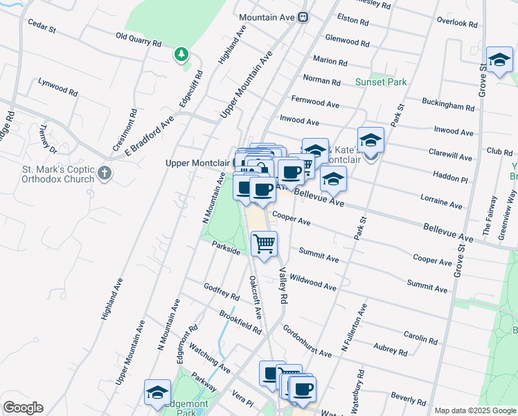 map of restaurants, bars, coffee shops, grocery stores, and more near in Montclair