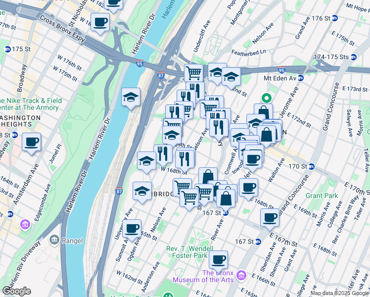 map of restaurants, bars, coffee shops, grocery stores, and more near in The Bronx