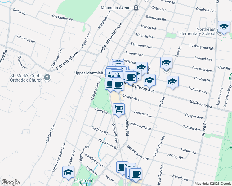 map of restaurants, bars, coffee shops, grocery stores, and more near in Montclair