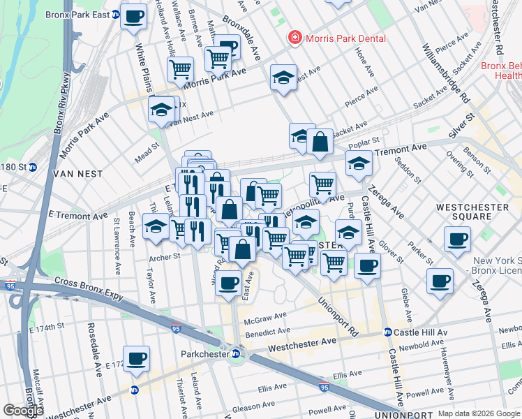 map of restaurants, bars, coffee shops, grocery stores, and more near 1505 Metropolitan Avenue in Bronx