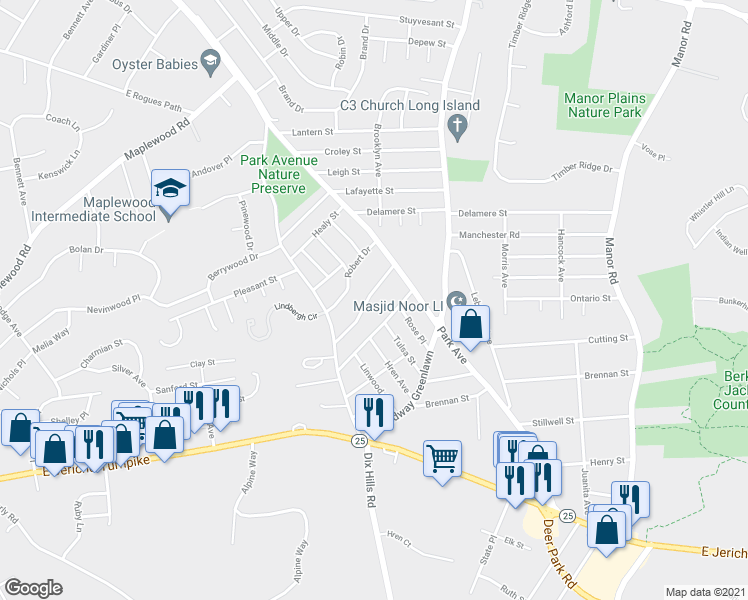 map of restaurants, bars, coffee shops, grocery stores, and more near 12 Glenwood Lane in Huntington