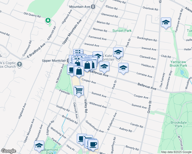 map of restaurants, bars, coffee shops, grocery stores, and more near 187 Bellevue Avenue in Montclair