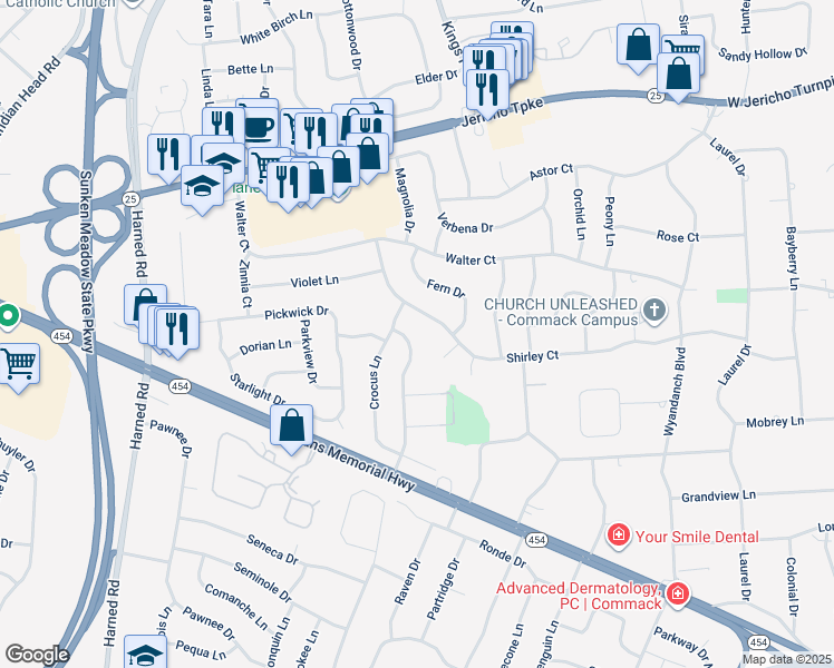 map of restaurants, bars, coffee shops, grocery stores, and more near 18 Shirley Court in Commack