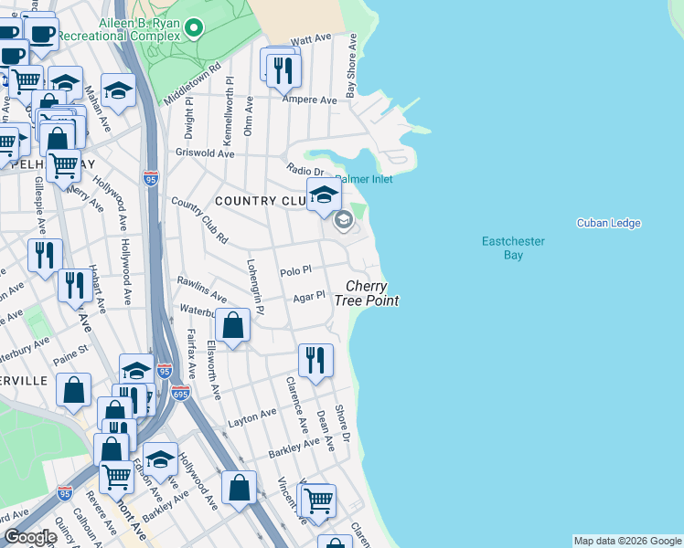 map of restaurants, bars, coffee shops, grocery stores, and more near 1 Country Club Road in Bronx