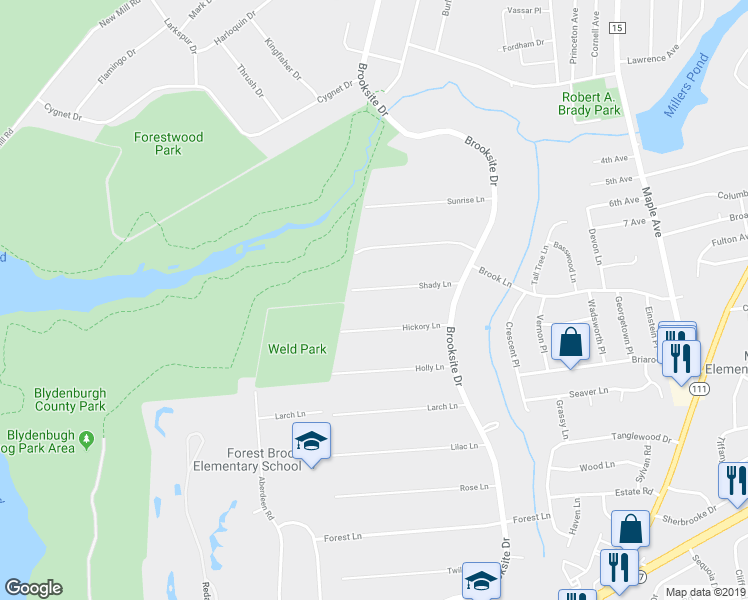 map of restaurants, bars, coffee shops, grocery stores, and more near 153 Shady Lane in Smithtown