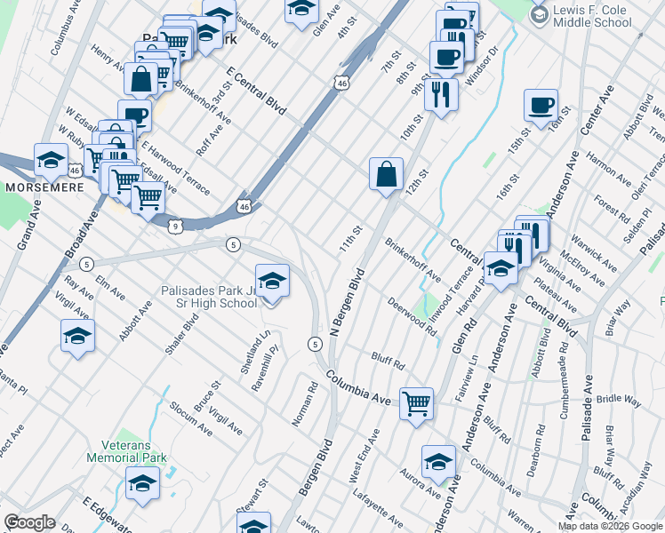 map of restaurants, bars, coffee shops, grocery stores, and more near 207A 11th Street in Palisades Park