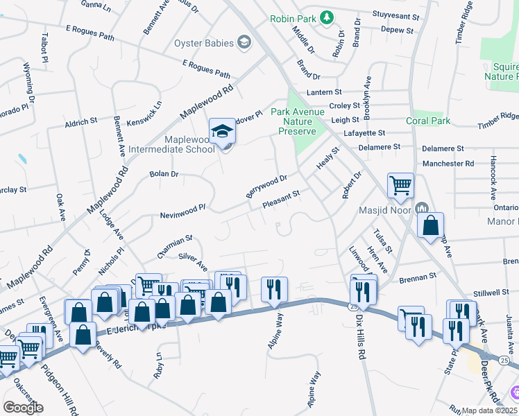 map of restaurants, bars, coffee shops, grocery stores, and more near Pleasant Street in Huntington