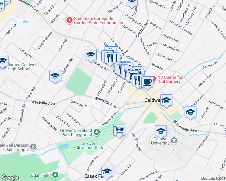 map of restaurants, bars, coffee shops, grocery stores, and more near 22 Elizabeth Street in Caldwell