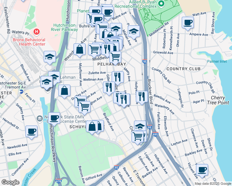 map of restaurants, bars, coffee shops, grocery stores, and more near 2961 Coddington Avenue in The Bronx