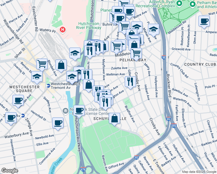 map of restaurants, bars, coffee shops, grocery stores, and more near 1492 Mayflower Avenue in Bronx