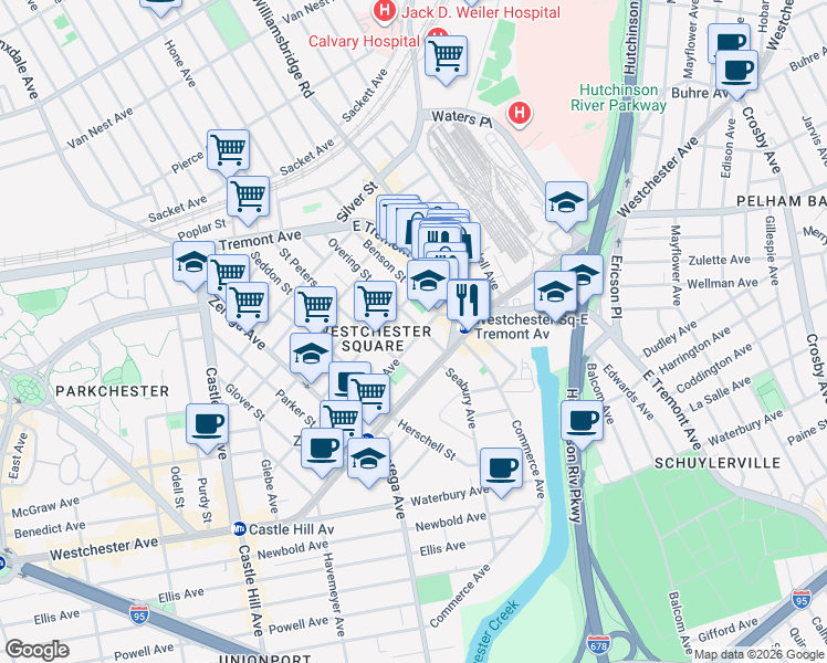 map of restaurants, bars, coffee shops, grocery stores, and more near 2550 Frisby Avenue in Bronx
