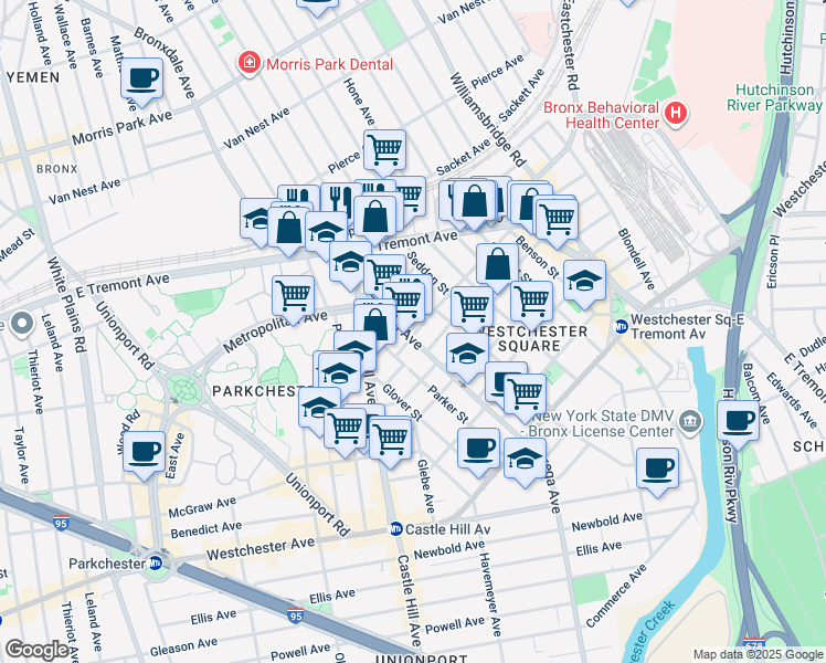 map of restaurants, bars, coffee shops, grocery stores, and more near 2418 Buck Street in Bronx