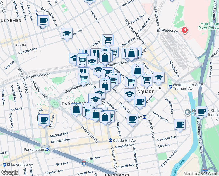 map of restaurants, bars, coffee shops, grocery stores, and more near 1737 Zerega Avenue in The Bronx