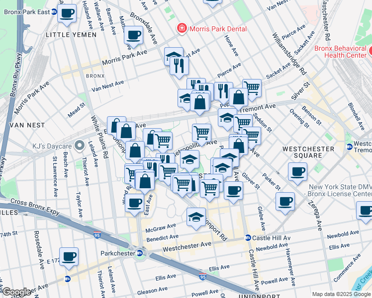 map of restaurants, bars, coffee shops, grocery stores, and more near 1507 Metropolitan Avenue in Bronx