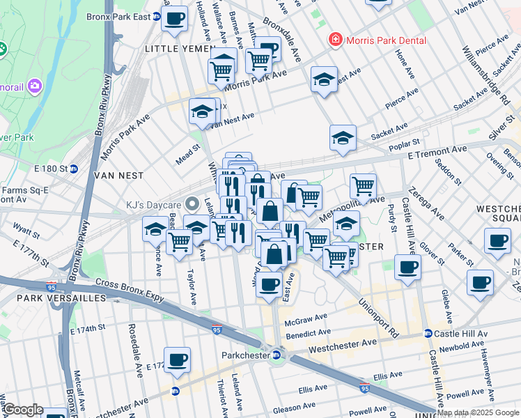 map of restaurants, bars, coffee shops, grocery stores, and more near 1940 East Tremont Avenue in Bronx
