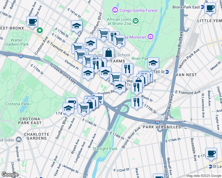 map of restaurants, bars, coffee shops, grocery stores, and more near 1001 East Tremont Avenue in The Bronx