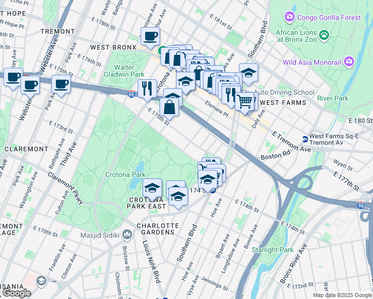 map of restaurants, bars, coffee shops, grocery stores, and more near in The Bronx