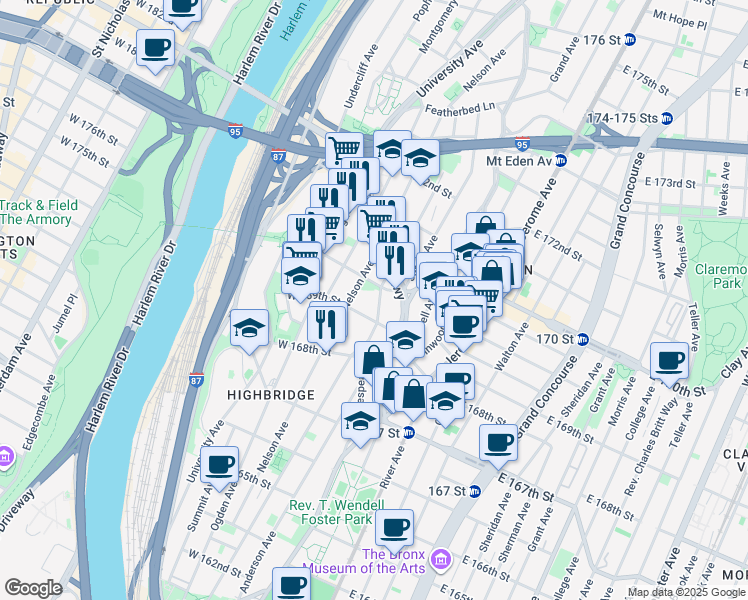 map of restaurants, bars, coffee shops, grocery stores, and more near in The Bronx
