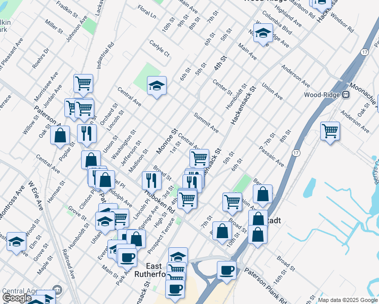 map of restaurants, bars, coffee shops, grocery stores, and more near 476 Central Avenue in Carlstadt