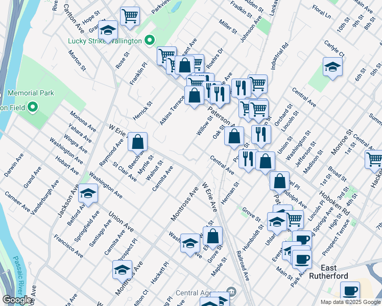 map of restaurants, bars, coffee shops, grocery stores, and more near 100 Willow Street in East Rutherford