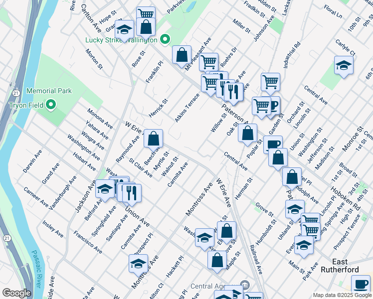 map of restaurants, bars, coffee shops, grocery stores, and more near 135 Atkins Terrace in East Rutherford
