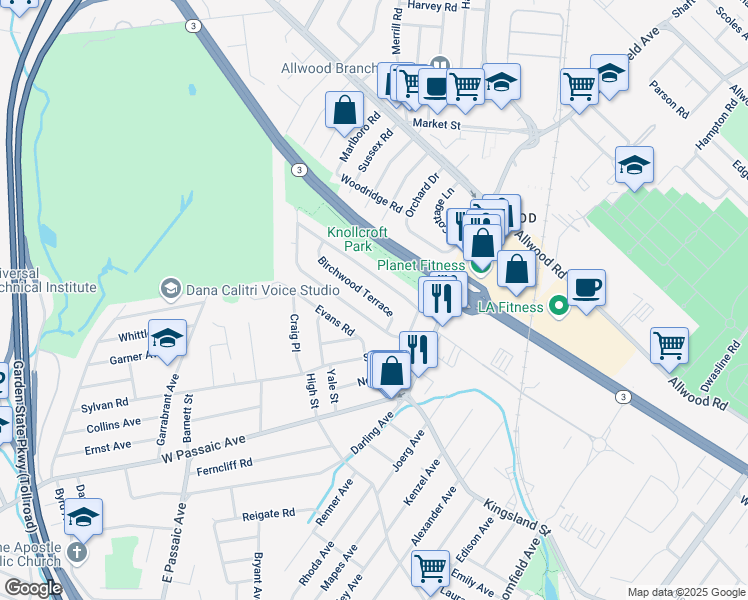 map of restaurants, bars, coffee shops, grocery stores, and more near 41 Linwood Terrace in Clifton