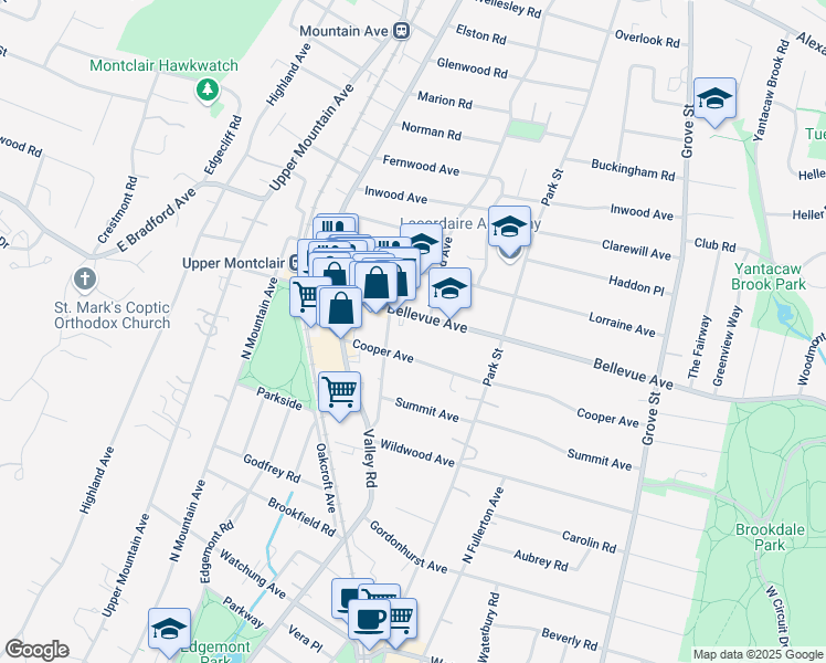 map of restaurants, bars, coffee shops, grocery stores, and more near 188 Bellevue Avenue in Montclair