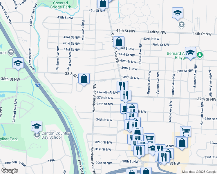 map of restaurants, bars, coffee shops, grocery stores, and more near 2018 38th Street Northwest in Canton
