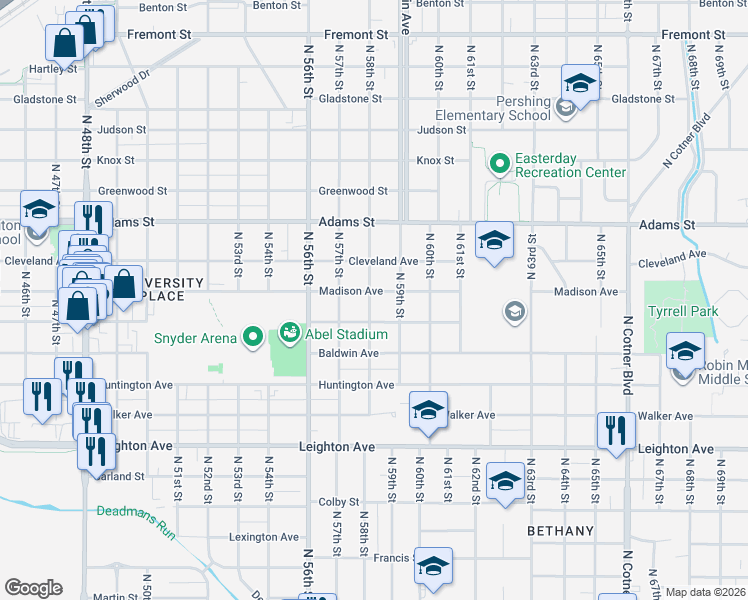 map of restaurants, bars, coffee shops, grocery stores, and more near 5734 Madison Avenue in Lincoln
