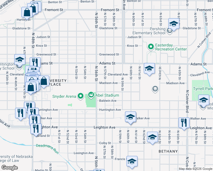 map of restaurants, bars, coffee shops, grocery stores, and more near 5734 Madison Avenue in Lincoln